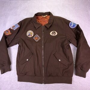Cats Warehouse Men's 2XL Flight Bomber Full Zip Jacket w/Patches - Brown